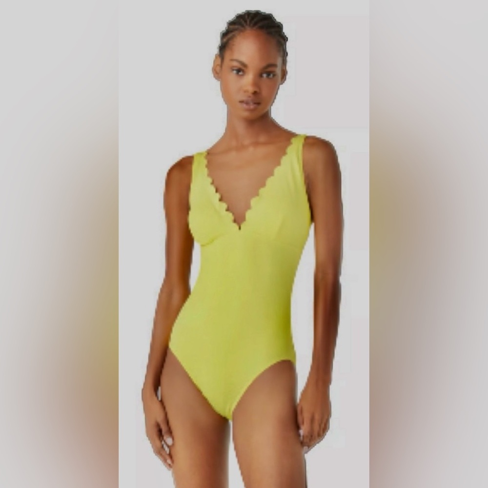 NWT [kate spade] Scalloped Plunge One Piece Swimsuit Cadmium Yellow Women’s XS - Picture 2 of 10